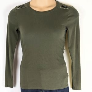Lauren Ralph Lauren Olive Green Ribbed Long Sleeve Top